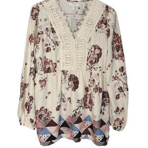 Maurices Blouse Womens 0X Cream Floral Lace Trim V Neck Boho‎ Patchwork Tunic